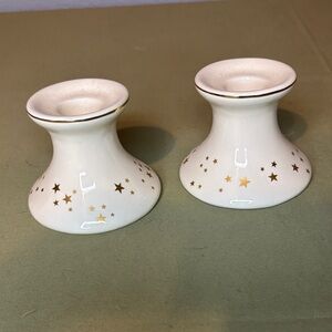 Set of White with Gold Trim/Stars Ceramic Candleholders, Vintage